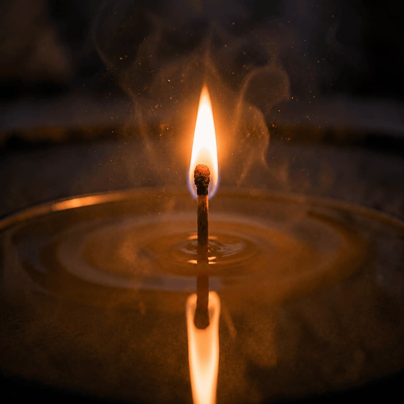 A lit match reflected in a dark surface, cover artwork for Love-Bombing by GRN